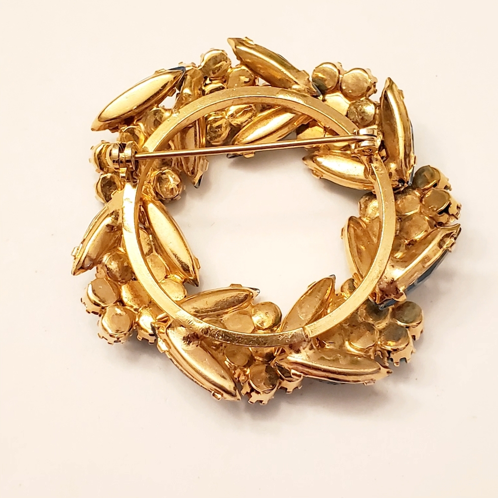 Austria Blue Milk Glass And Rhinestone Navette Goldtone Blue Floral Brooch - Picture 2 of 5